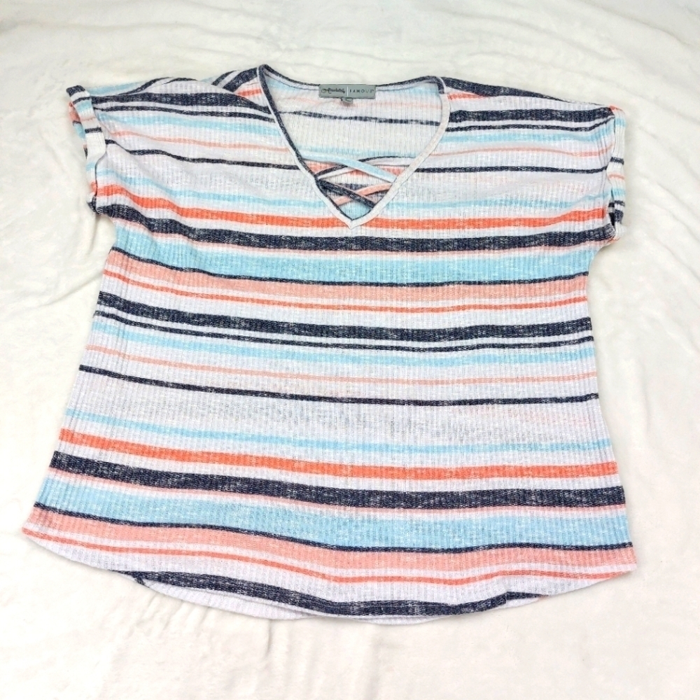ABSOLUTELY FAMOUS WOMEN'S KNIT MULTICOLORED STRIPED V-NECK T-SHIRT SIZE LARGE